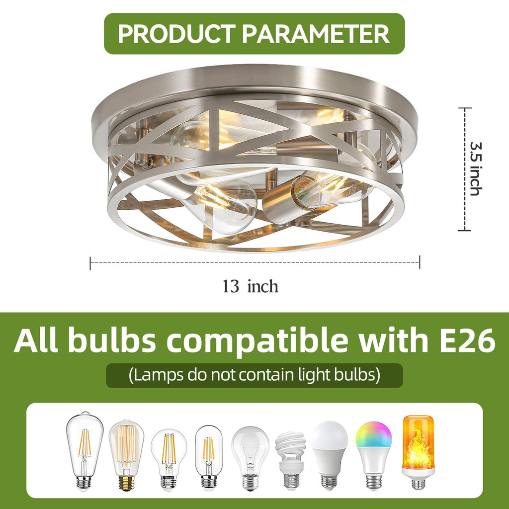 piano7797 13 inch Brushed Nickel Flush Mount Ceiling Light Fixtures,3-Light Modern Hallway Light Fixtures Ceiling, Brushed Nickel Light Fixture Ceiling Mount for Farmhouse,Kitchen, Bedroom 2 Pack