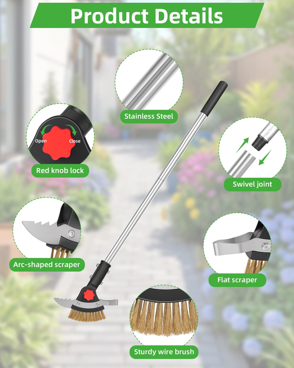 SFTPO 3-in-1 Crack Weeder Long Handle, Adjustable Crevice Weeding Tool with Stainless Steel Weed Brush and 2 Scrapers Weed Puller Tool for Driveway, Sidewalk, Lawn to Remove Weeds Moss Dirt (58.6")