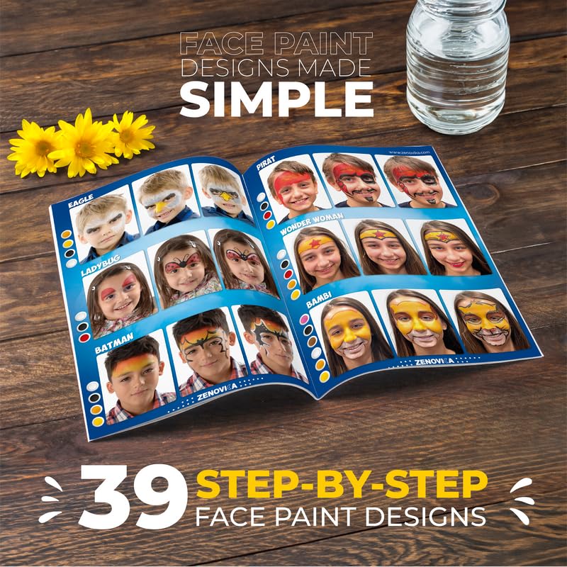 Zenovika Face Painting Kit for Kids - 60 Reusable Stencils & 39-Design Guide Book, 24 Large-Pan Water Activated Face Paints, Covers 30+ Full Faces, Washes Off with Soap & Water, Halloween & Party