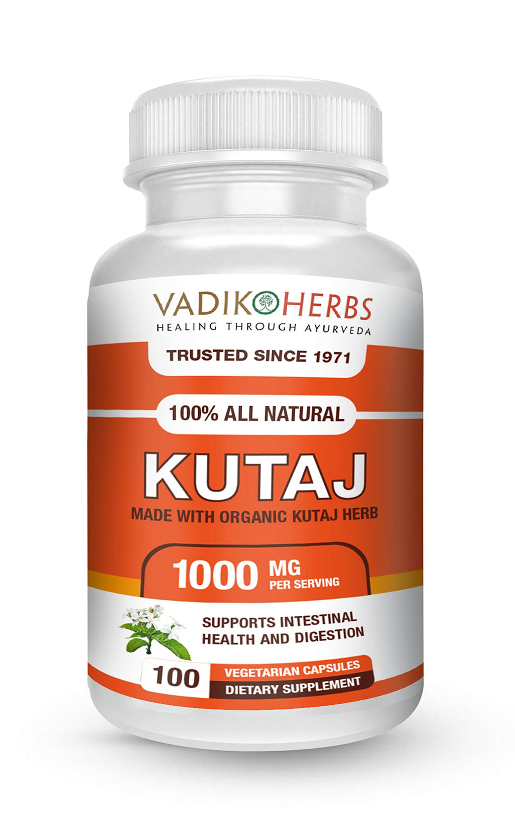Vadik Herbs Kutaj (Holarrhena Antidysenterica, Kutaja) 100 Vegicaps Safety Tested & Wildcrafted Ships from California Premium Quality Herbal Supplement for Digestive Support