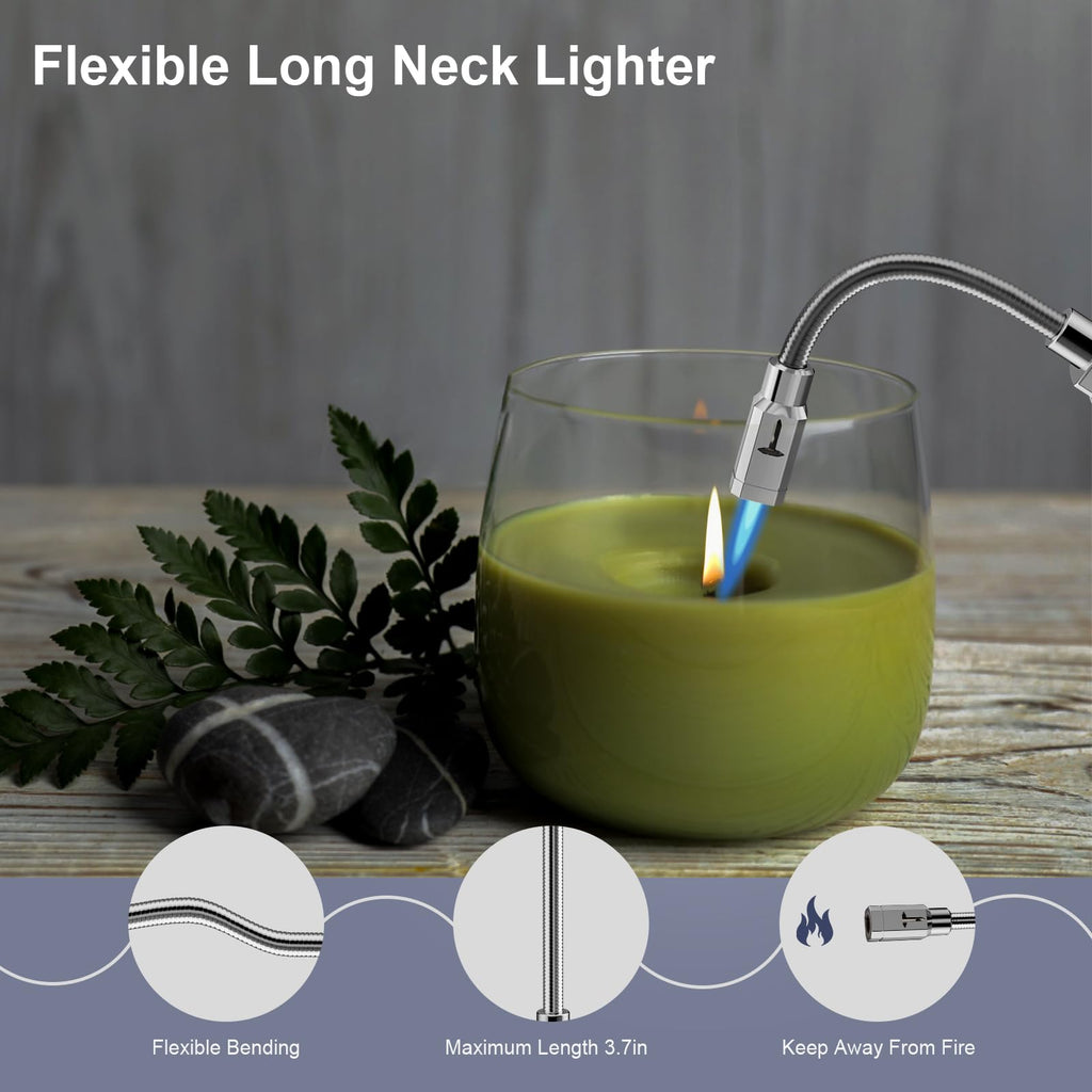 TONYFUL Butane Lighter Long Torch Lighter, Refillable Lighters with Visual Fuel Window, Adjustable Flame Windproof Lighter for Candle, Camping, Fireplace, BBQ(Fuel Not Included)