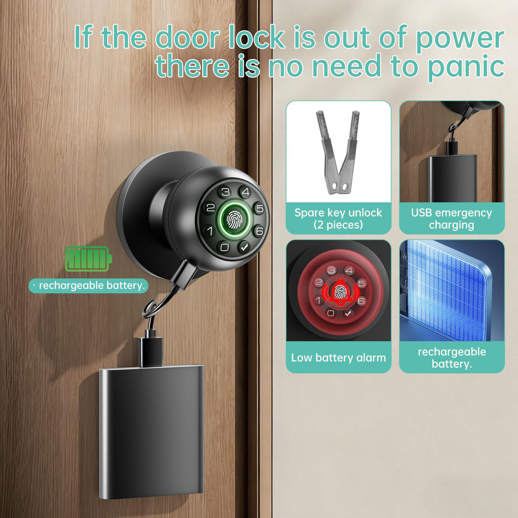 Fingerprint Door Lock - Smart Door Knob, Biometric Door Lock with Keypad Passcode Door Handle for Bedroom Home Office (Black)