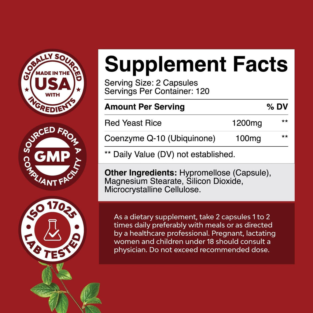 Red Yeast Rice with CoQ10 Supplement - Advanced Healthy Heart & Healthy Cholesterol Levels Formula for Men & Women - Extra Strength Capsule with Red Yeast Rice 1200 mg Capsules with CoQ10-240 Count