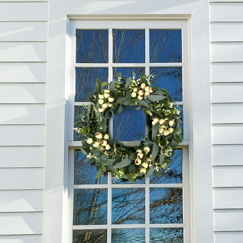 JINGHONG Eucalyptus Wreaths for Front Door 20 Inch Green Home Decor for Wall Porch Window Spring Summer Wreath with Big Berries for All Seasons Winter Christmas