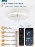 LEDIARY Ceiling Fans with Lights and Remote, 20'' Low Profile Ceiling Fan with Light, 3000-6000K Dimmable Fandelier LED Fan Light, 6 Wind Speeds, White Modern Flush Mount Ceiling Fan for Bedroom