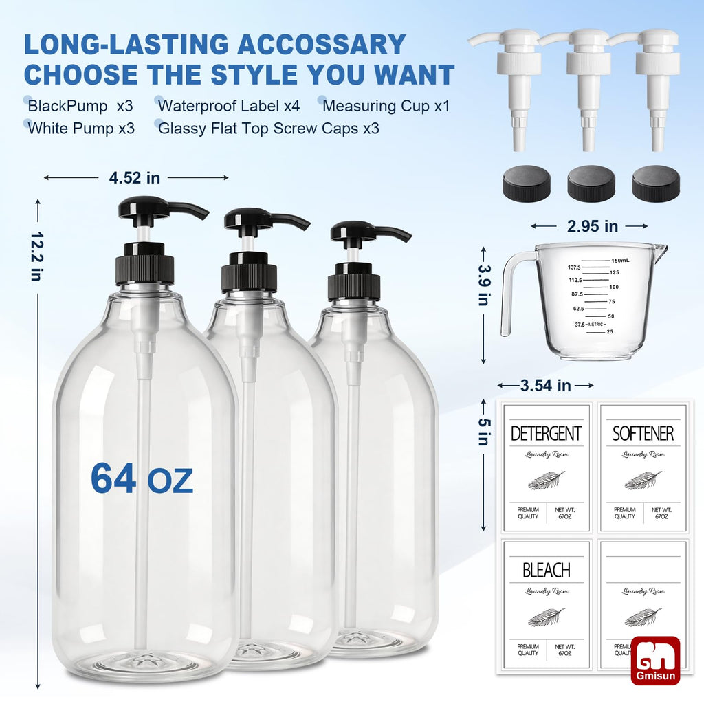 GMISUN Laundry Detergent Soap Dispenser, Plastic Liquid Laundry Detergent Dispenser, Container for Farmhouse Laundry Room Decor, Organizer for Liquid SoftenerBleach Heavy Duty Plastic Bottle(3 Pack)