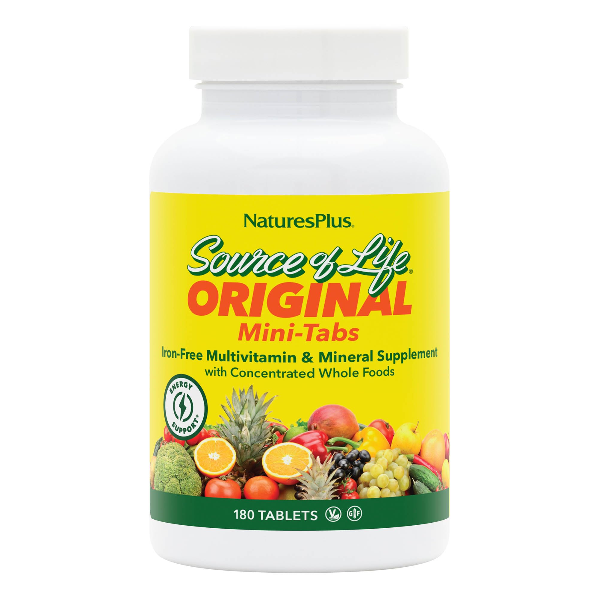 NaturesPlus Source of Life No Iron - 180 Mini-Tabs - Multivitamin & Mineral Supplement - Supports Natural Energy & Overall Well-Being - Gluten Free, Vegetarian - 30 Servings