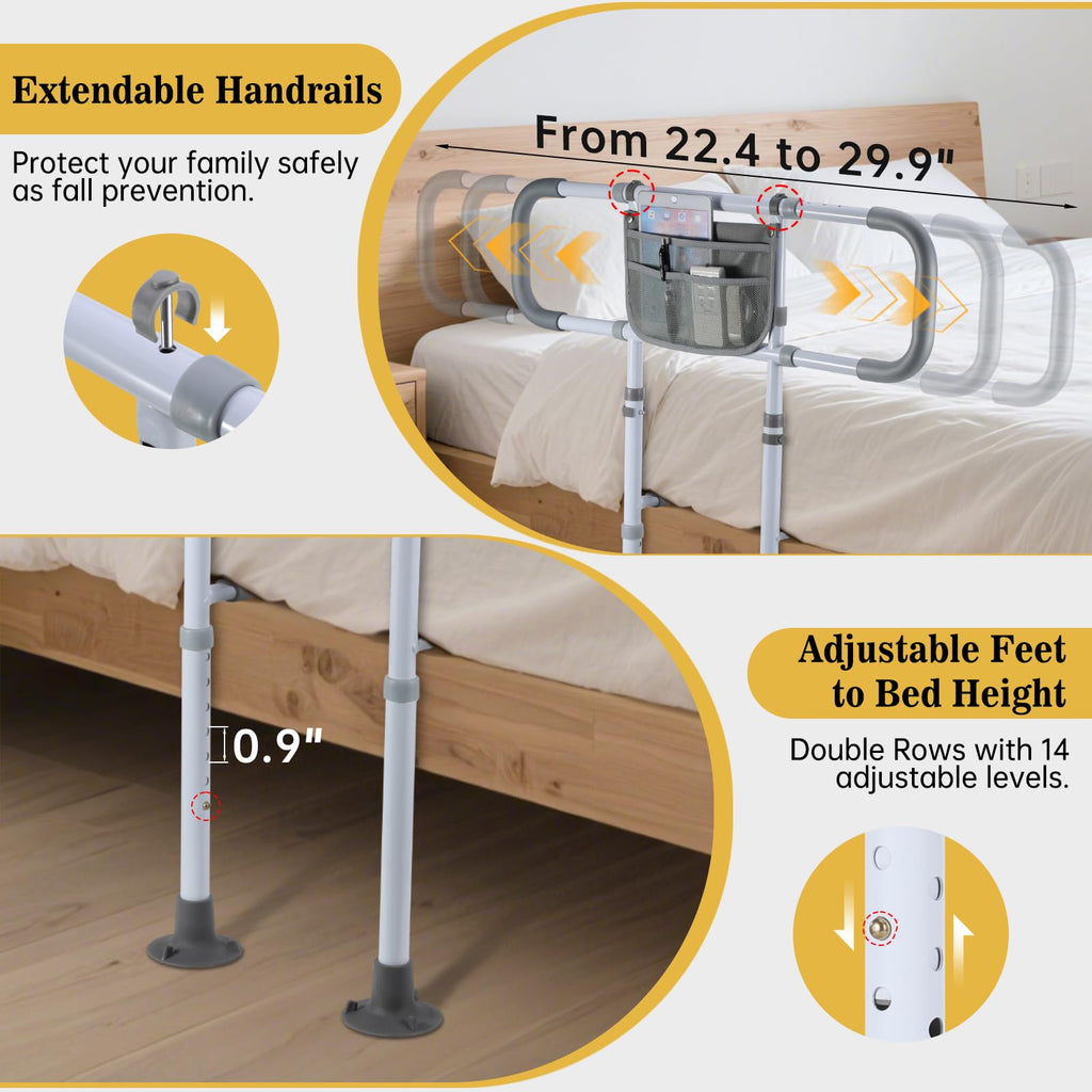 Yetulike Bed Rails for Elderly Adults Safety, Sturdy Beds Assist Rail for Seniors; Adjustable Beds Rail Stable Bed Cane Guard with Extended Handle Bar - Fit King Queen Full Twin Bed