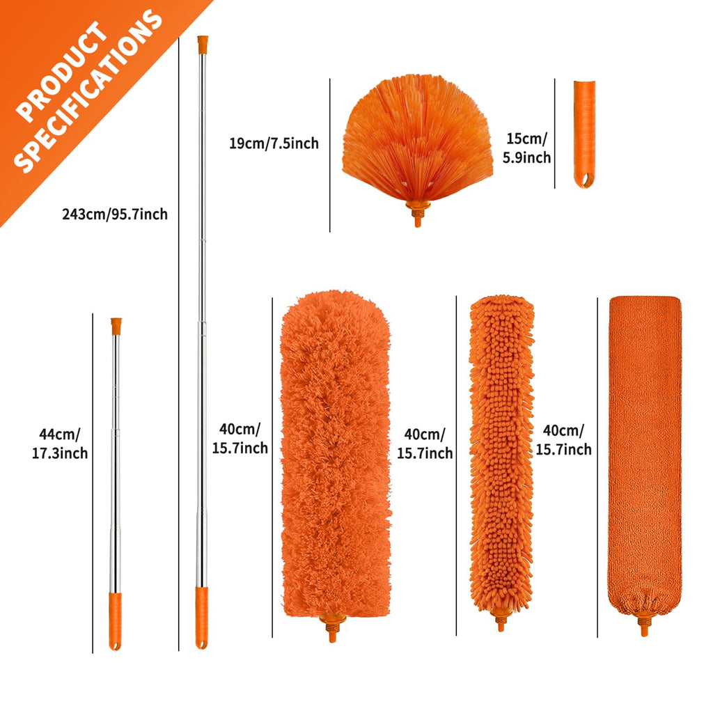Cobweb Duster with Extension Pole,Cleaner Outdoor 110" Telescoping Extended Sspider Brush, Dusting Kit,Long Handle Reach for High Ceilings and Fans,Microfiber Webster Remover Tools Feather Dusters