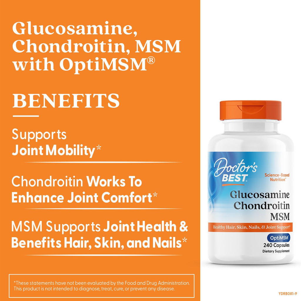 Doctor's Best Glucosamine Chondroitin MSM - Joint Health Support Supplement for Women & Men, Nutritional Support for Joint Strength, Hair, Skin, & Nails, Gluten Free, Non GMO - 240 Capsules
