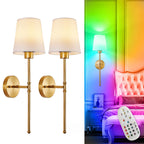 Depuley Battery Operated Wall Sconce: Set of 2 Wireless Wall Lights with 10000mAh Dimmable Bulbs and Remote for Bedroom - Rechargeable 15 Colors Gold Wall Lamp for Living Room Hallway