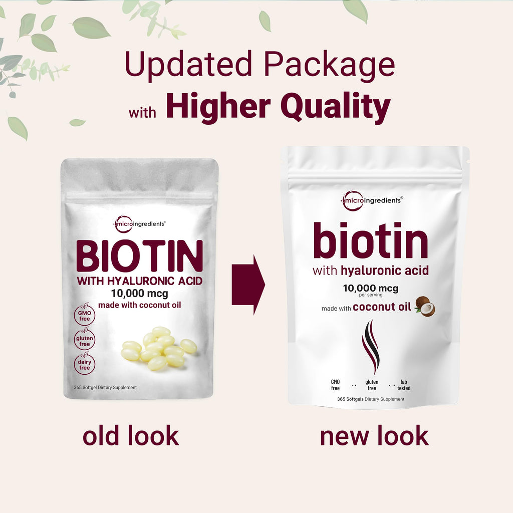 Micro Ingredients Biotin 10,000mcg w/Hyaluronic Acid 25mg | 365 Virgin Coconut Oil Softgels, Fast Release, One Year Supply, Non-GMO & No Gluten