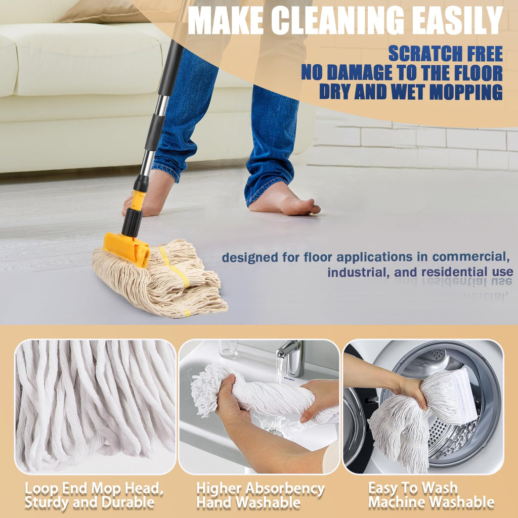 Commercial Mop Heavy Duty Industrial Mop with 2 Extra20oz Large Replacement Heads,60" Long Handle Heavy Duty Industrial Mops for Hardwood Wood Tile Vinyl - Reusable Cotton Head for Floor Cleaning