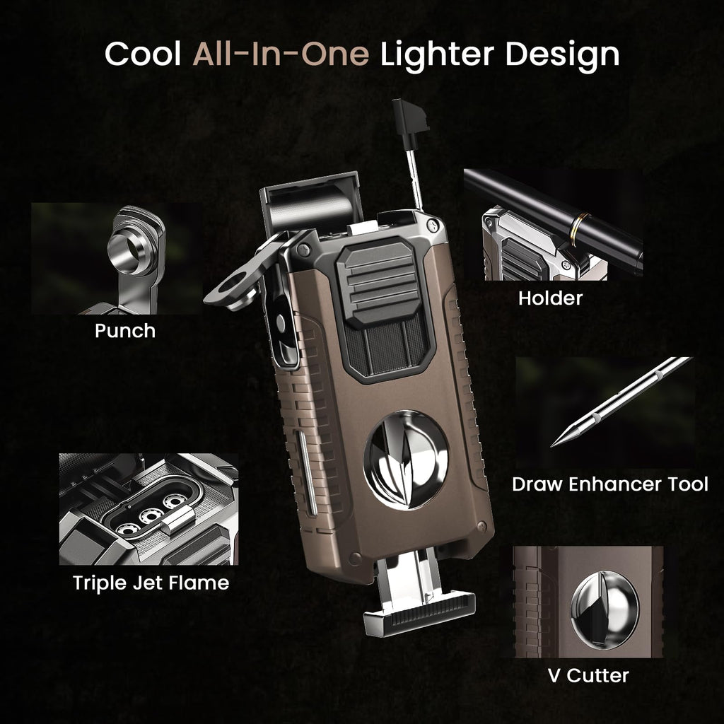 5-in-1 Torch Lighter with Triple Jet Flame, Built-in Tool, Punch, Holder, and Draw Enhancer Tool, Windproof Cool Lighters with Gift Box for Men, Refillable Butane Lighter for Candle, Travel