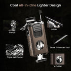 5-in-1 Torch Lighter with Triple Jet Flame, Built-in Tool, Punch, Holder, and Draw Enhancer Tool, Windproof Cool Lighters with Gift Box for Men, Refillable Butane Lighter for Candle, Travel