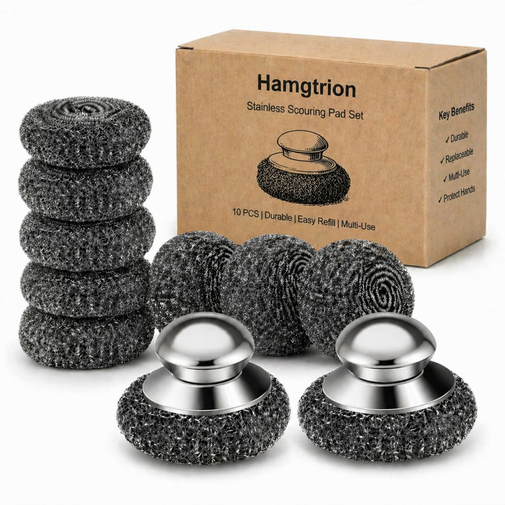 Steel Wool Scrubber, 10-Pack Stainless Steel Scrubber Pads with Handle - The Ultimate Scouring Solution for Rust, Stubborn Messes on Cookware, Grill, Oven & Kitchen Sinks