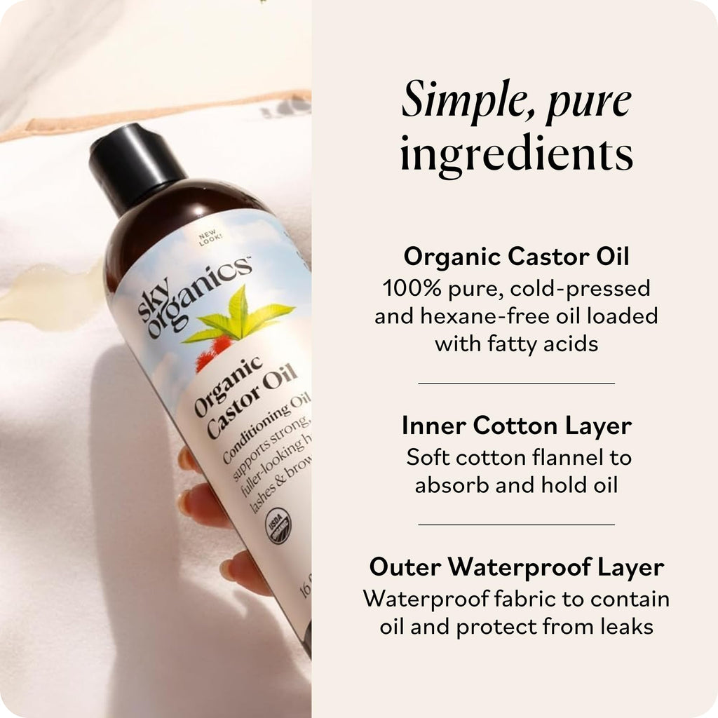 Sky Organics 16oz Castor Oil w/Wraps | Reusable Organic Castor Oil Pack to Boost Body's Wellness, Encourage Rest & Relaxation | Adjustable Elastic Straps Cotton Durable Easy to Use