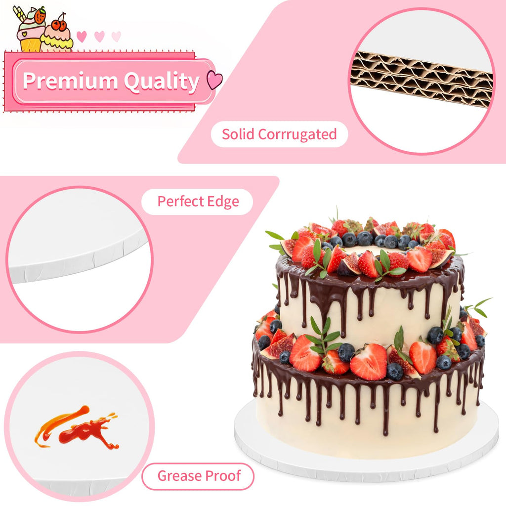 Cake Boards 14 Inch Round – 4 Pack 1/2 Inch Thick Cake Drums with Full Wrapped Edges, Corrugated Cake Base Board for Wedding, Party, Baking & Multi-Layer Cakes (White)