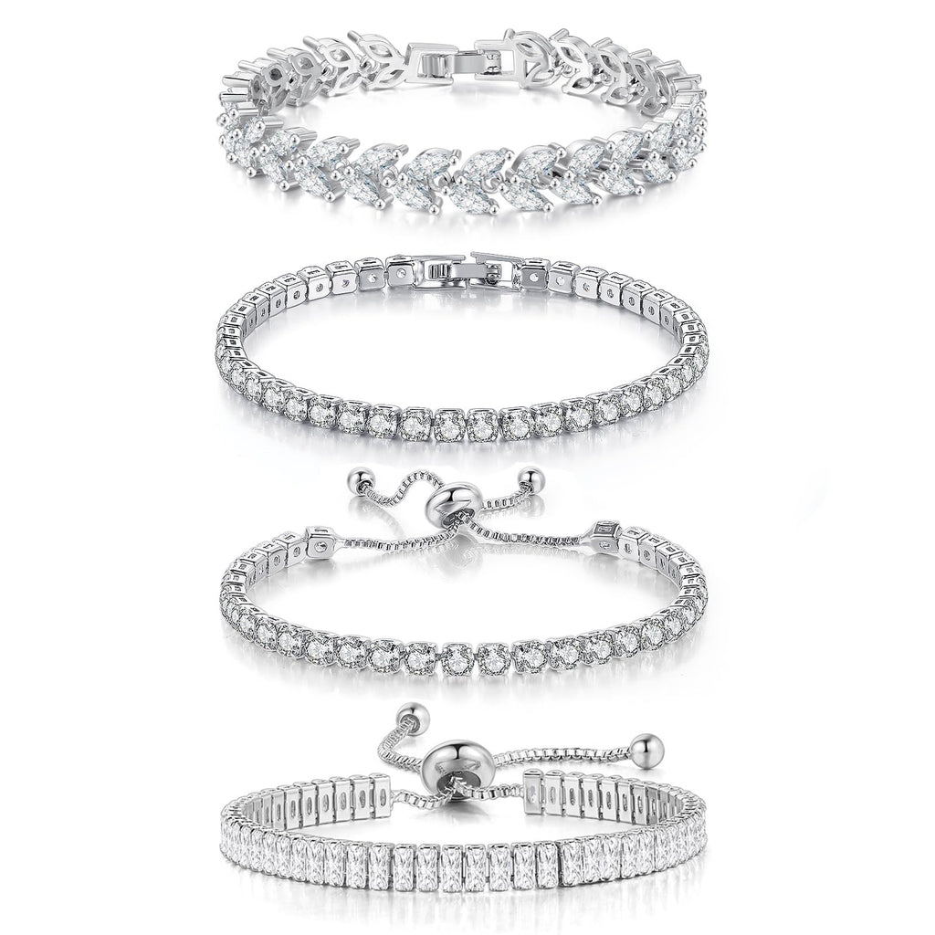 YOYUNLUO 4 Pcs Tennis Bracelet Set Silver Plated Marquise Cubic Zirconia CZ Diamond Dainty Adjustable Silver Bracelets for Women Brides Stackable Fashion Jewelry Wedding Prom Gift, 6.5 inch
