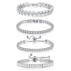 YOYUNLUO 4 Pcs Tennis Bracelet Set Silver Plated Marquise Cubic Zirconia CZ Diamond Dainty Adjustable Silver Bracelets for Women Brides Stackable Fashion Jewelry Wedding Prom Gift, 6.5 inch