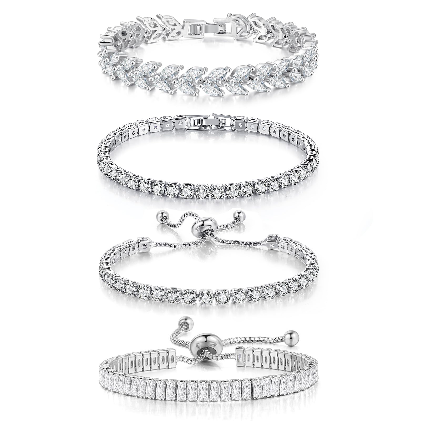 YOYUNLUO 4 Pcs Tennis Bracelet Set Silver Plated Marquise Cubic Zirconia CZ Diamond Dainty Adjustable Silver Bracelets for Women Brides Stackable Fashion Jewelry Wedding Prom Gift, 6.5 inch