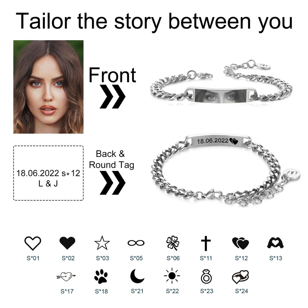 MeMeDIY Custom Eye Photo Bracelet for Men Adjustable Stainless Steel Bracelets with Photo/Name/Text Engraving Personalized Gifts for Husband Boyfriend Couple Anniversary - Silver