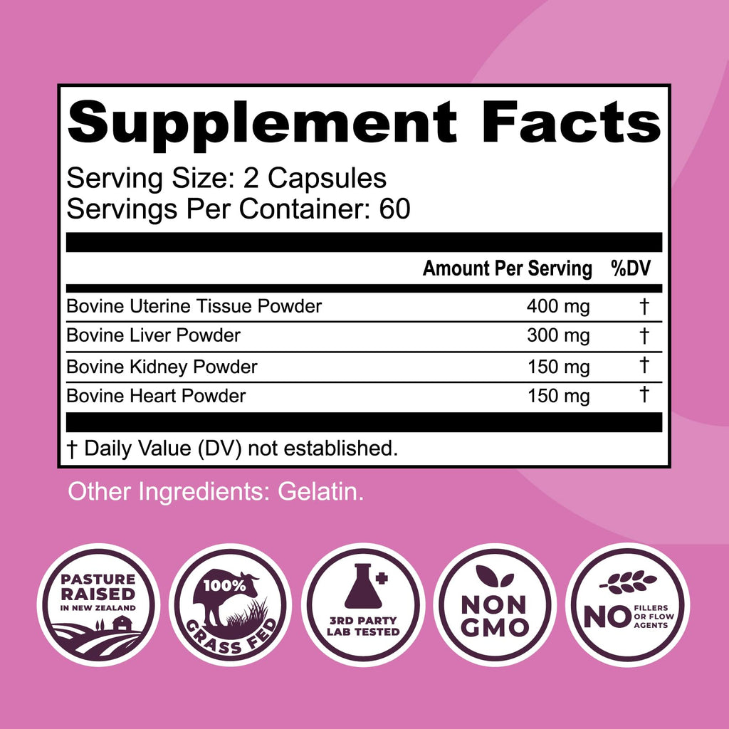 Beef Organ Supplement for Women - Beef Liver, Kidney, Heart and Uterus Tissue, Supports Women's Overall Energy and Health - Pasture Raised in New Zealand - No Fillers or Flow Agents - 120 Capsules