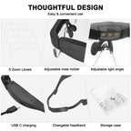 Magnifying Glasses with Light, 0.75X-4.0X Magnifying Glass, Rechargeable Head Magnifier Glasses with 3 LED Lights and 5 Detachable Lenses, Headset Magnifier for Close Work Crafts Jewelry