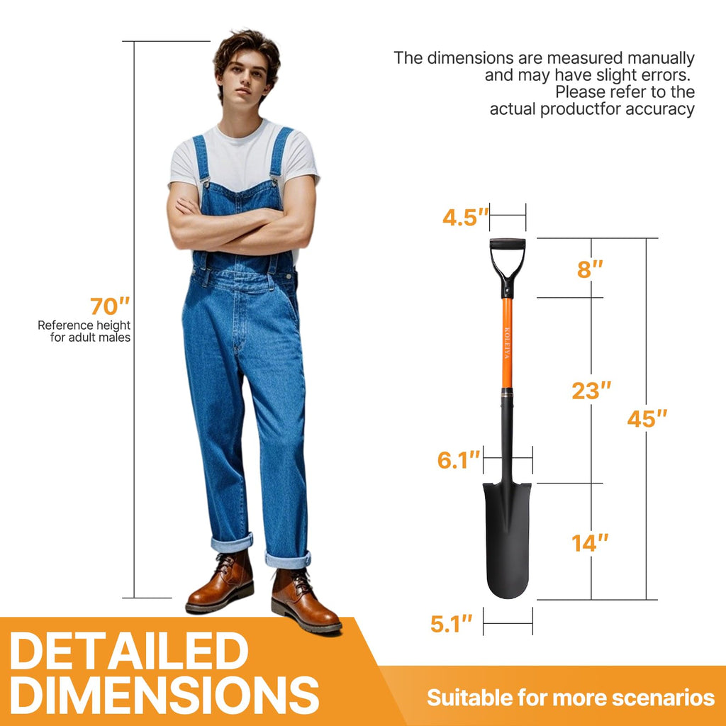 KOLEIYA Drain Spade, 45 Inch Heavy Duty Sharp Shooter Shovel with Fiberglass Handle, D-Grip Digging Shovel for Gardening, Planting, Trenching & Transplanting