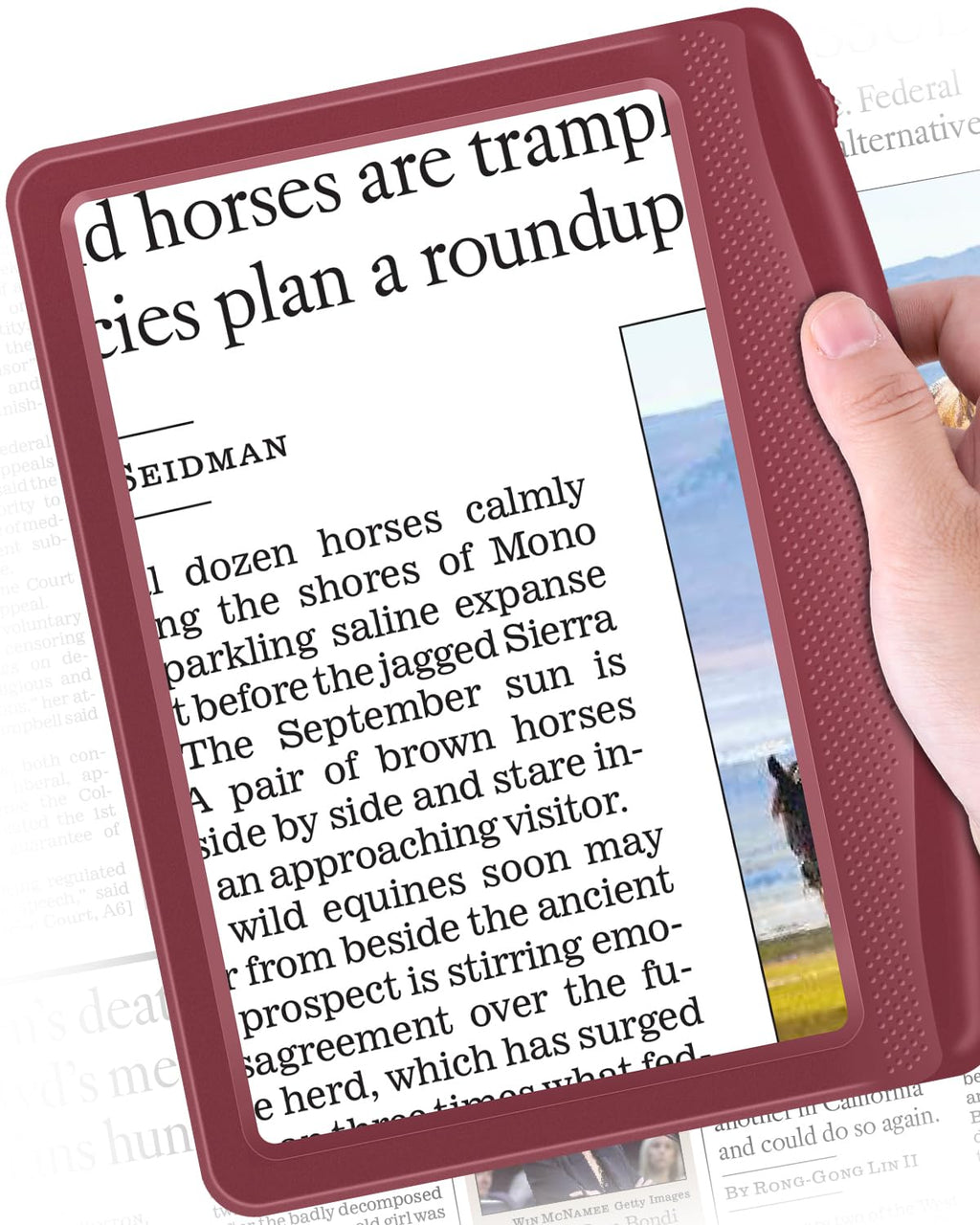 Shelepro Rechargeable 5X Magnifying Glass for Reading, Large Bright Full Page Magnifier with Light, Handheld LED Dimmable Lighted, Lightweight Book Magnifier for Reading Small Prints Seniors - Red