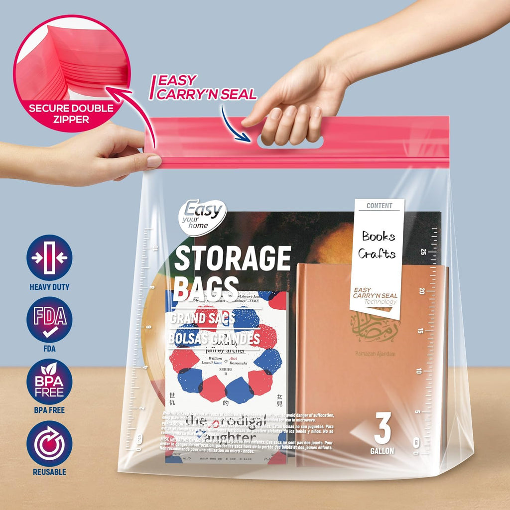 EASYYOURHOME 10 Extra Large Zipper Lock Storage Bags with Handle and bottom,3 Gallon Size,16"x18"x5'',Reusable Plastic Bag with Double Zip Top for Clothing,Travel,Moving,Beach,BPA-Free,3-Mil Thick
