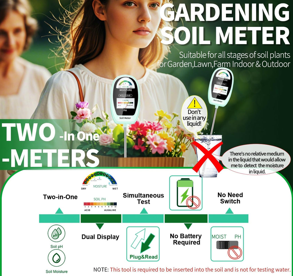 HSLGOVE Soil Test Kit, 2-in-1 Soil Moisture Meter/Soil PH Meter, Dual Screen Soil Tester, Soil Moisture Meter for Plants Watering/Gardening for Lawn,Farm Indoor&Outdoor Use-Apple Green