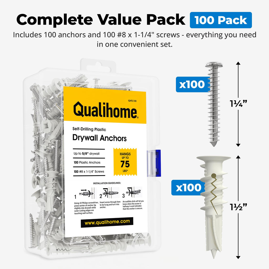 Qualihome Drywall Anchors with Screws – Self-Drilling Drywall Anchors, Anti-Spin Grip, No Pre-Drill Wall Anchor Kit, Strong & Reliable Hold, 100 Pack (200 Pieces)