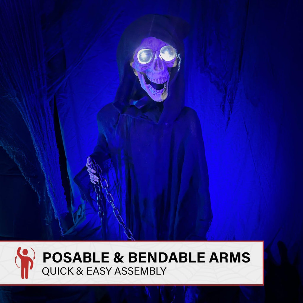 Haunted Hill Farm Life-Size Scary Grim Reaper with Chain, Halloween Animatronic with Touch Activated Lights and Sounds, Battery Operated Indoor or Covered Outdoor Halloween Decorations, Halloween Prop