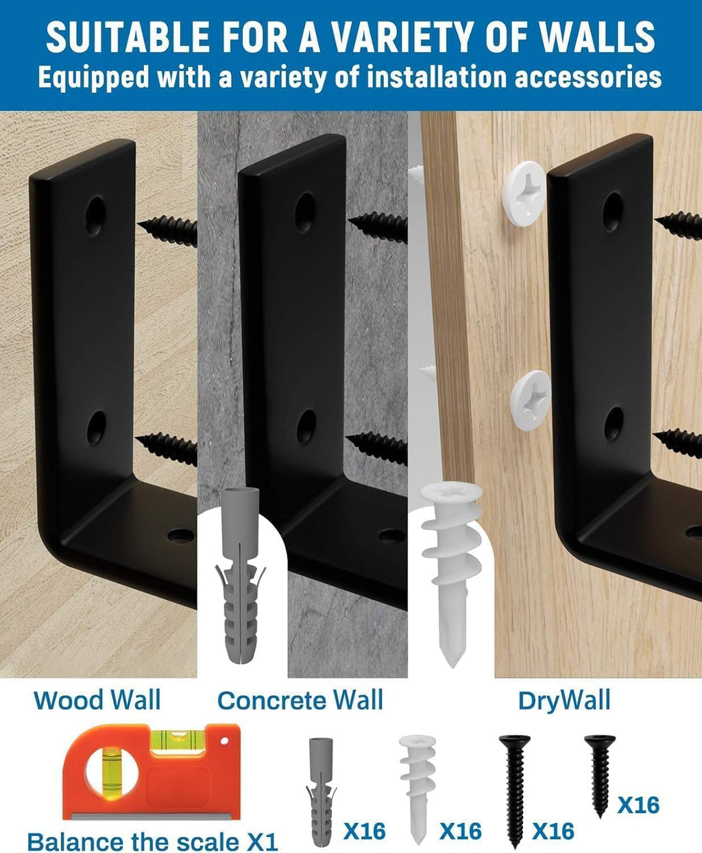 LEOPO 12 inch Shelf Brackets 8-Pack ,1/5 inch Thick Heavy Duty Industrial Bracket for DIY Floating Shelf Support, Black Coated Wall Shelf Support 11.25” x 6” x 1.5”