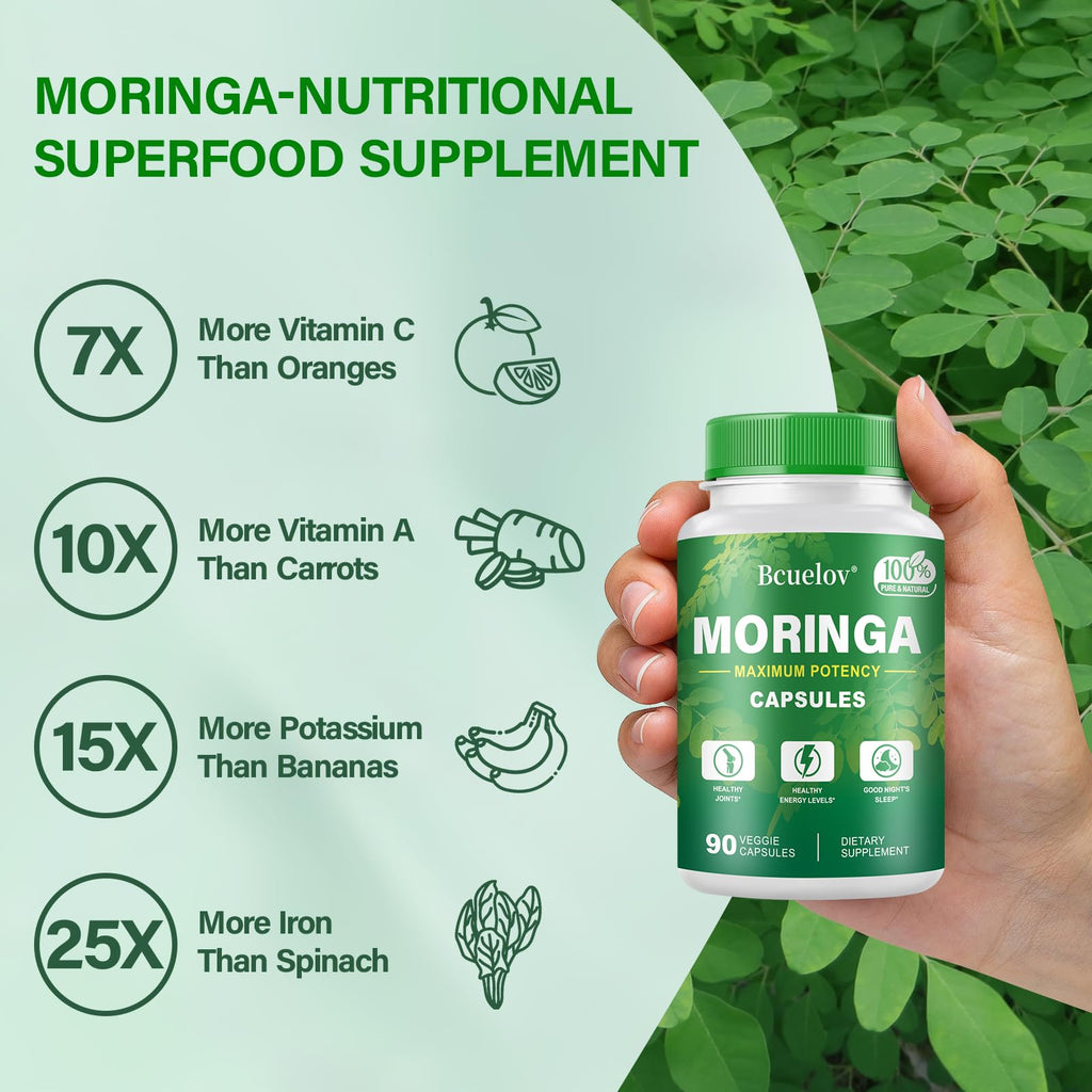 Bcuelov Moringa Capsules | 800mg Pure Moringa Powder Capsules – Supports Energy, Skin & Gut Health, Immune System – Green Superfood with Vitamins & Amino Acids (90 Caps)