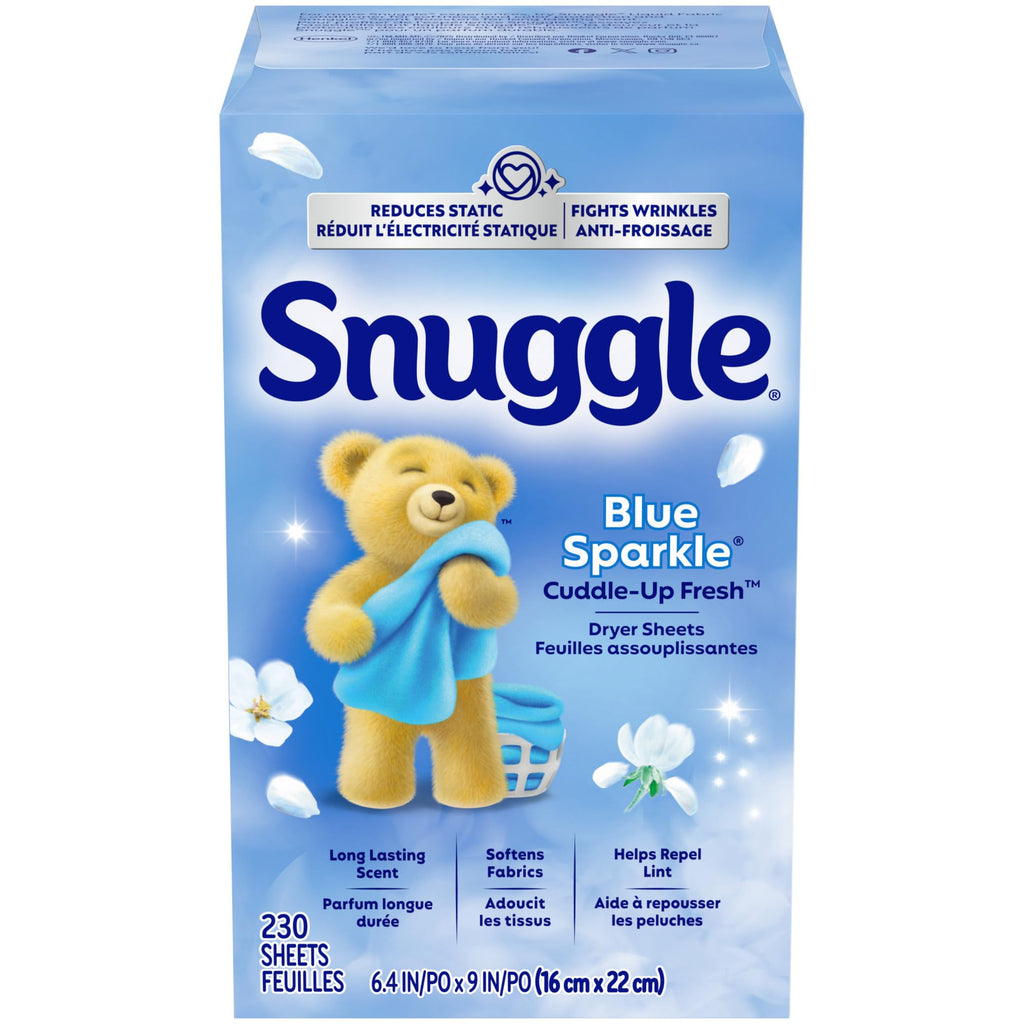 Snuggle Fabric Softener Dryer Sheets, Blue Sparkle Cuddle-Up Fresh, 230 Ct, Long-Lasting Fresh & Clean Scent, Softens Fabric, Reduces Static, Fights Wrinkles, Helps Repel Lint & Pet Hair, HE Safe