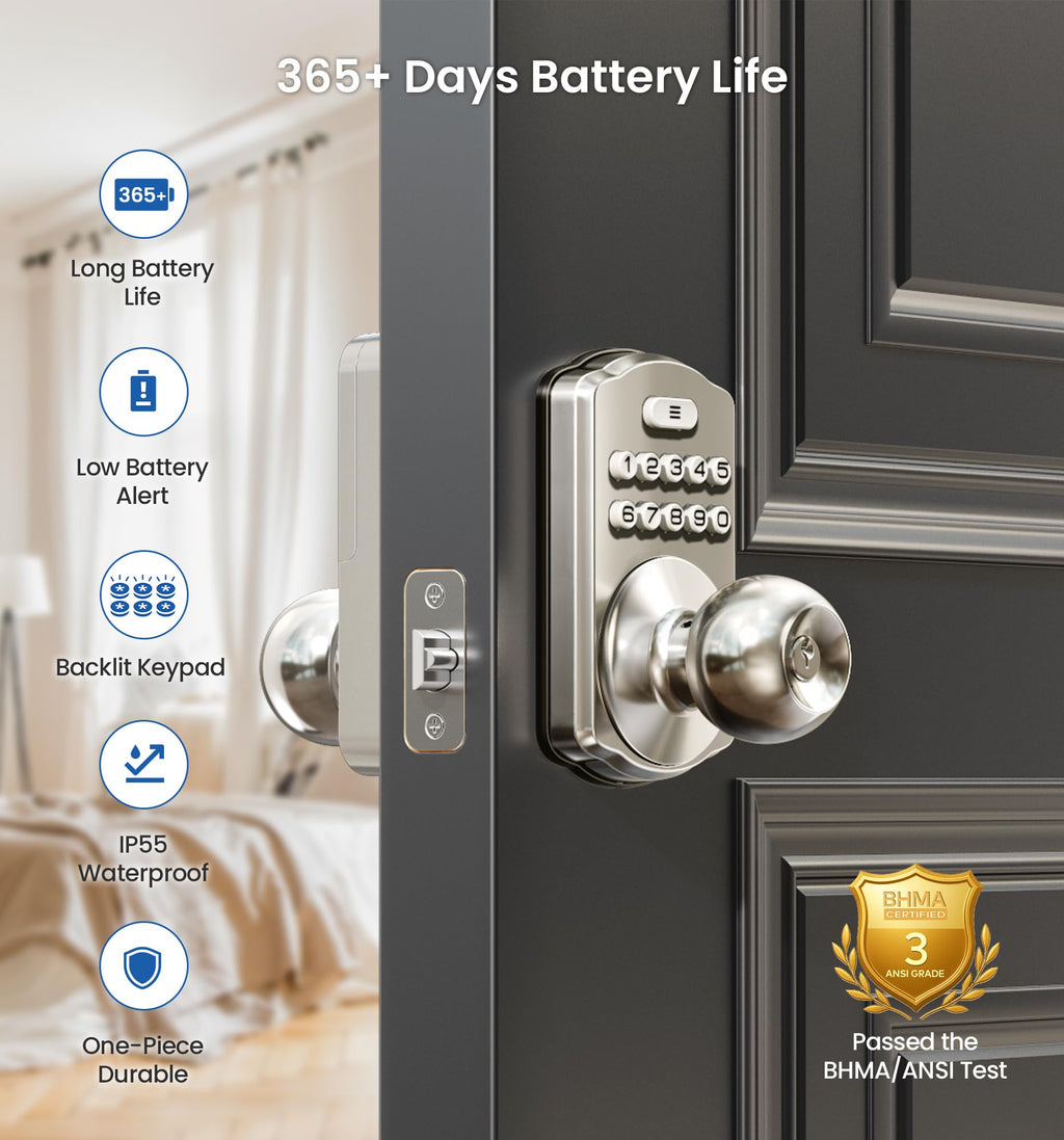 Veise KS03 Keypad Door Knob Lock, Keyless Entry Digital Lock with Handle, Electronic Smart Knob for Front Door & Bedroom, Easy Install, Auto Lock, Passage Mode, Anti-Peeping Password, Satin Nickel