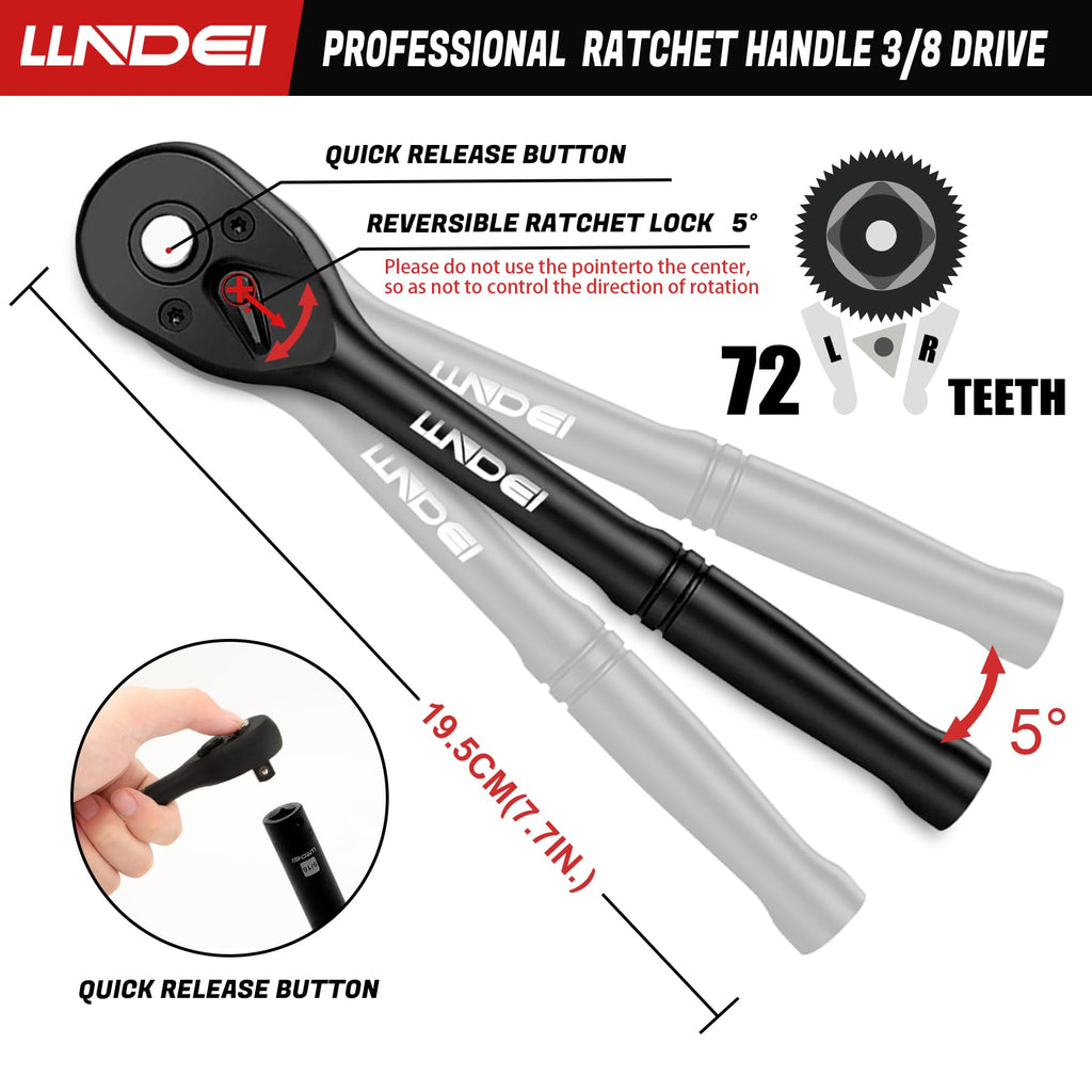 LLNDEI 3/8”Drive Impact Socket Set,Standard SAE(5/16 to 3/4-Inch) Metric Size(8-22mm), 95 Piece, CR-V Steel Deep&Shallow Kit, Adapters, Ratchet Handle, Screwdriver Bit Set, Spark Plug Socket, 6 Point