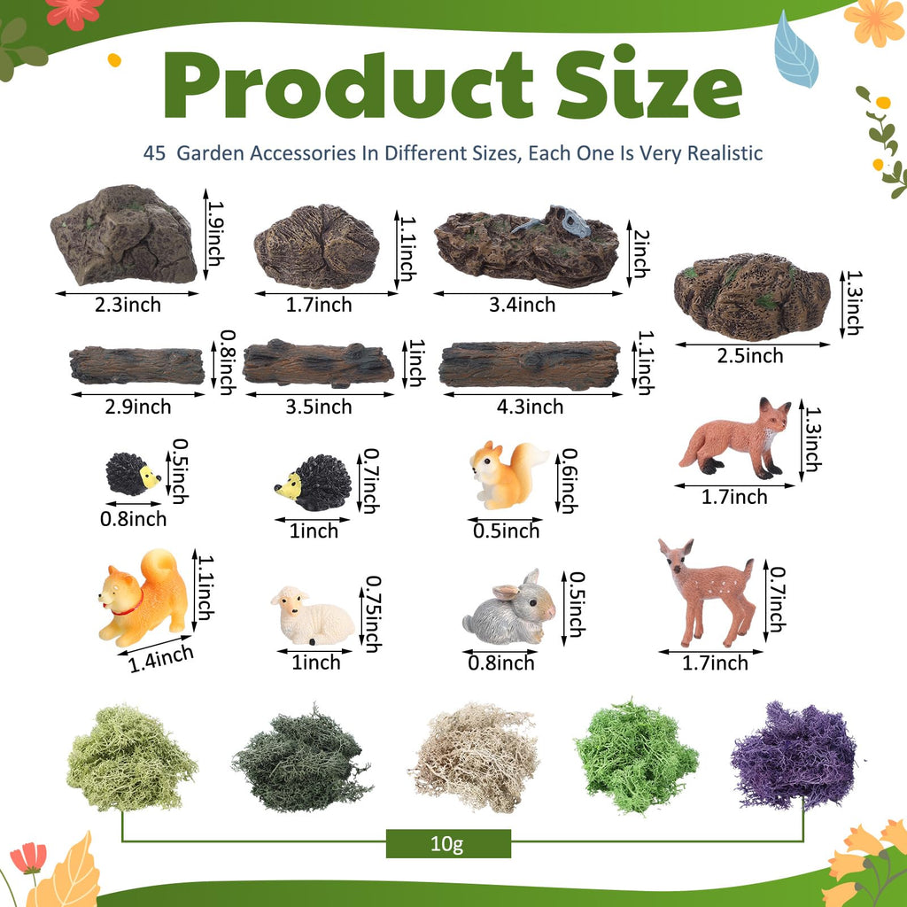 Chunful 45 Pcs Adult Fairy Garden Accessories Miniature Garden Figurines Tiny Resin Animals Forest Kit Pool Bridge Fence Pond Mushroom for Potted Plant Bonsai Terrarium Decor
