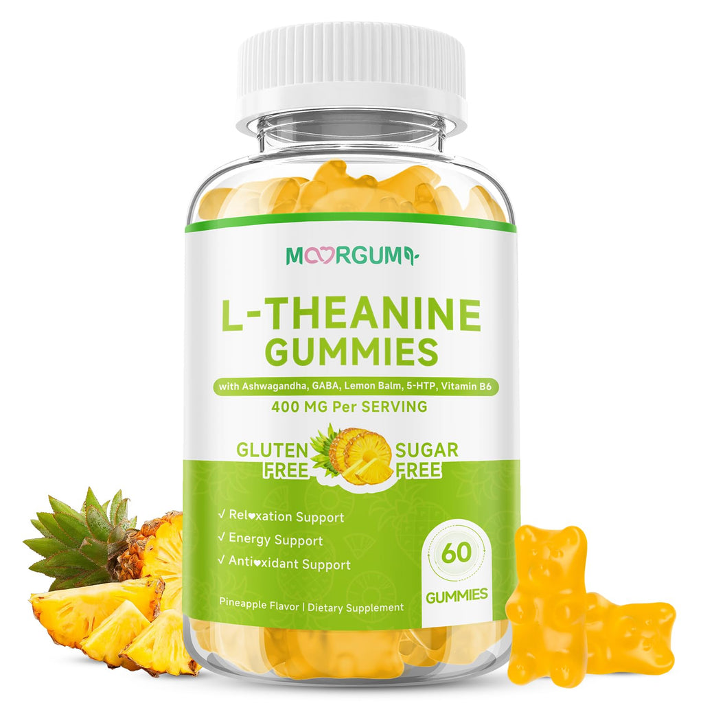 L-Theanine Gummies, 400mg l'theanine Chewable Supplement with Ashwagandha, GABA, Lemon Balm, 5-HTP, Vitamin B6, Support Zzz, Relax & Emotion, Vegan, Non-GMO, Sugar Free, Pineapple Flavor, 60 Count