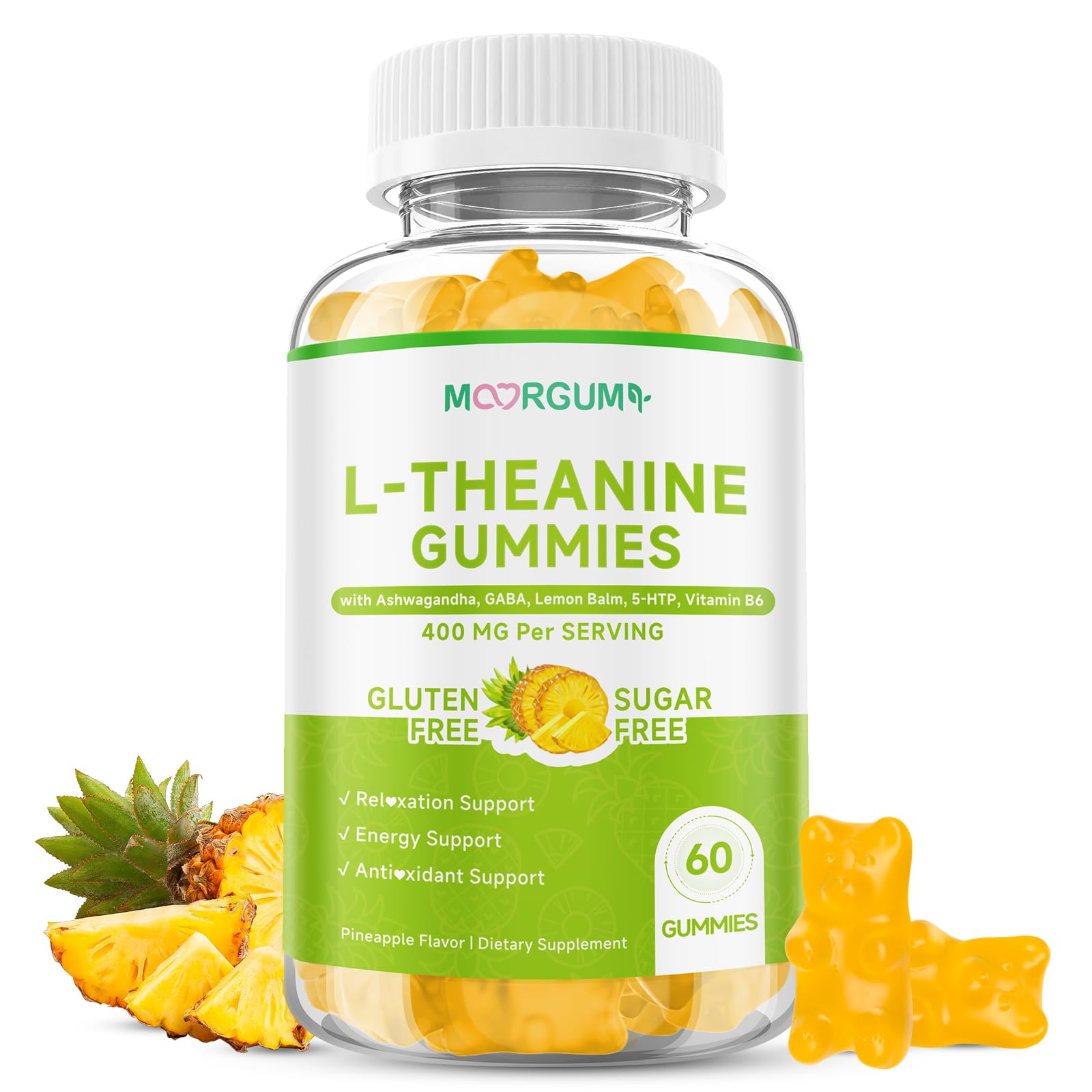 L-Theanine Gummies, 400mg l'theanine Chewable Supplement with Ashwagandha, GABA, Lemon Balm, 5-HTP, Vitamin B6, Support Zzz, Relax & Emotion, Vegan, Non-GMO, Sugar Free, Pineapple Flavor, 60 Count
