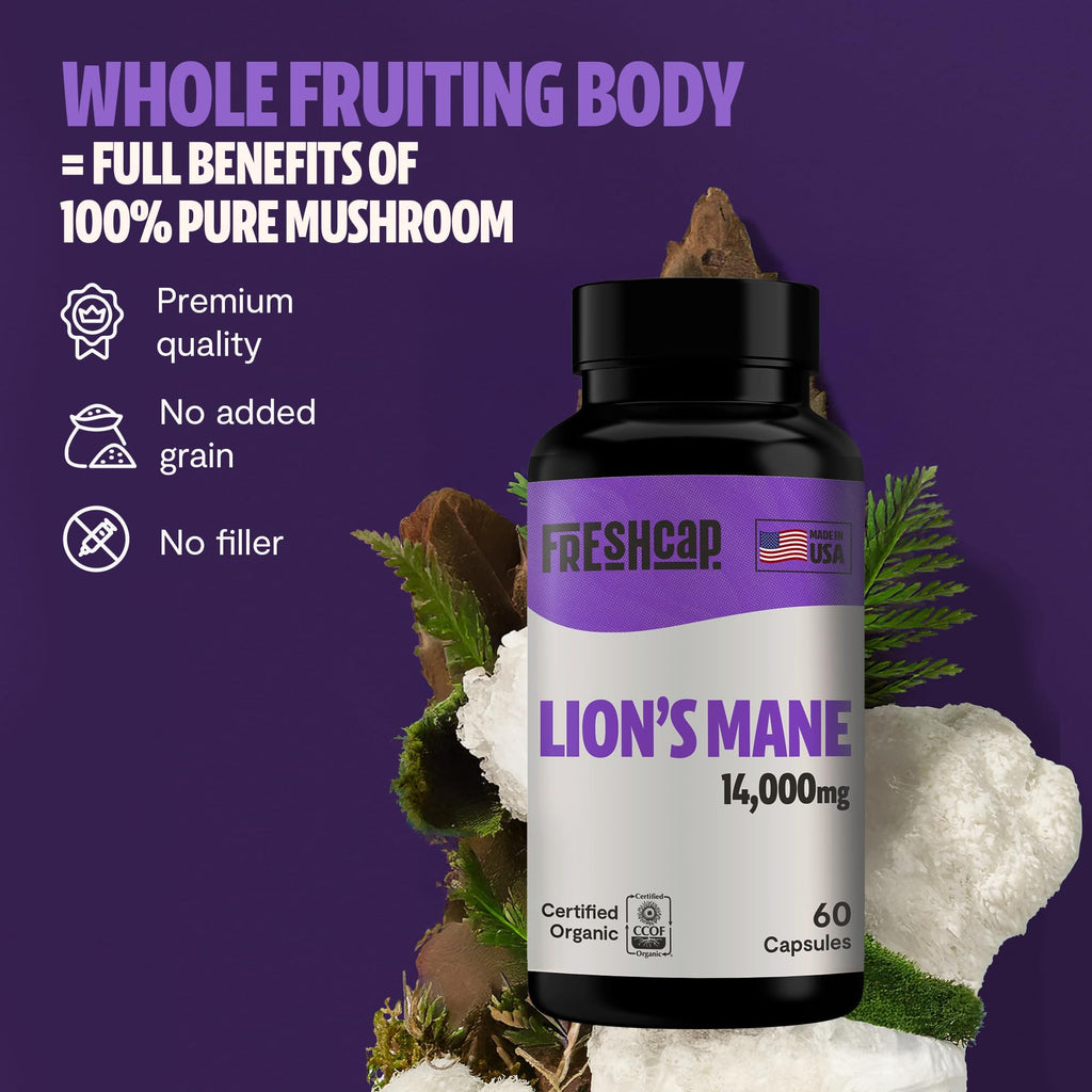 FreshCap Mushrooms Lions Mane Supplement Capsules - Lion's Mane, High Potency Extract, 14:1 Organic Mushroom Supplement, Ayurveda Focus Made in USA