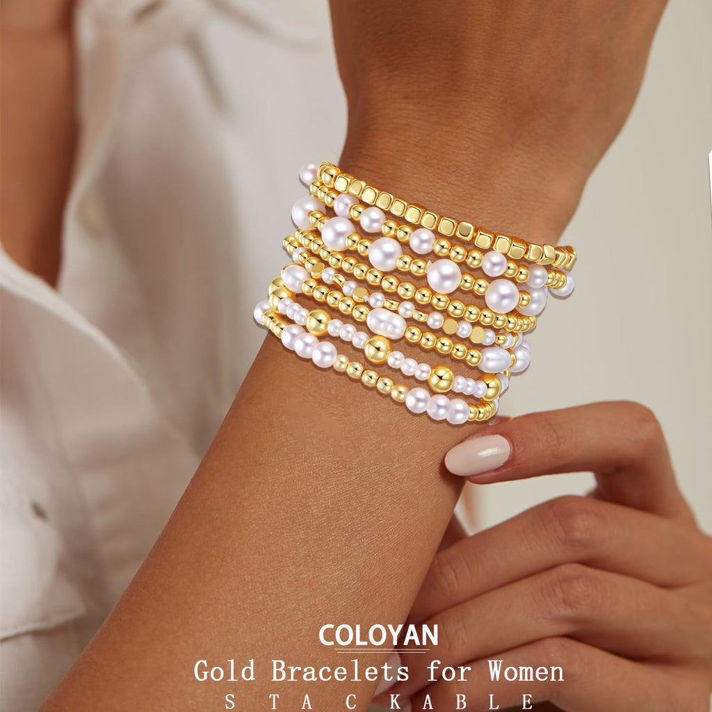 COLOYAN 10PCS Gold Beaded Stretch Bracelets for Women Stack