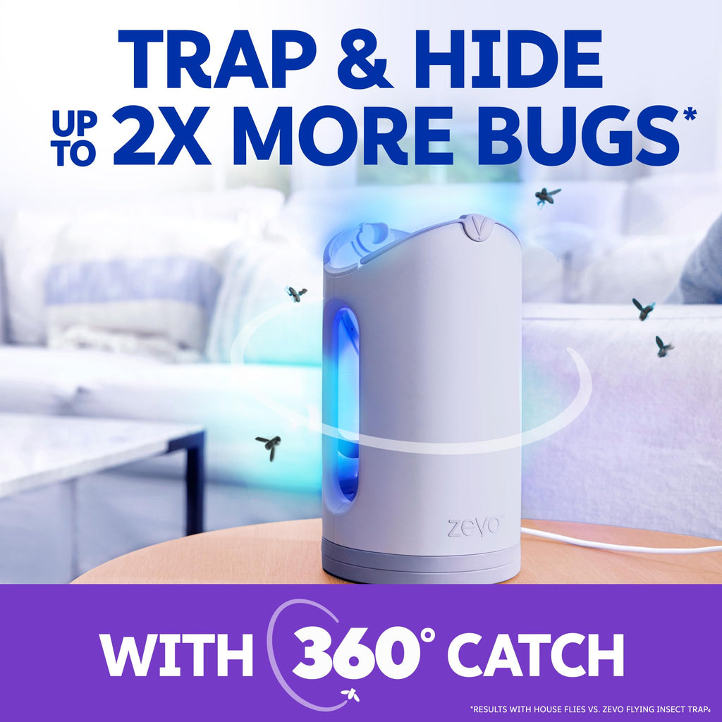 Zevo MAX Bug Catcher & Fly Trap for Indoors - Flying Insect Trap for Gnats, House & Fruit Flies - Use in Any Room - No-Mess Disposal (2 Plug in Bases & 4 Cartridges)