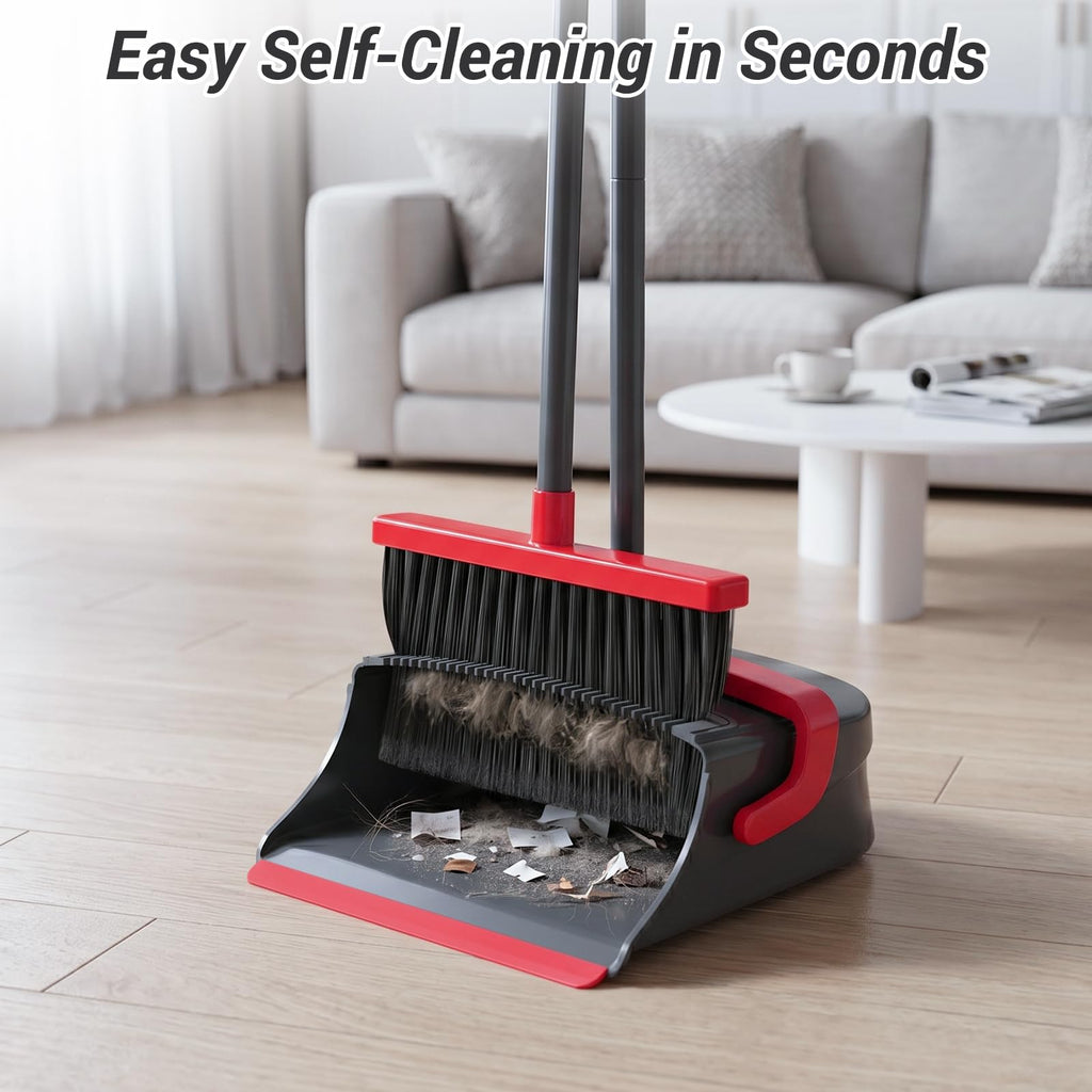 Zeawec Broom with Dustpan Combo Set, Long Handle Upright Standing Self-Cleaning Broom and Dustpan Set for Pet Hair & Dust Cleanup, Indoor Outdoor Use for Home, Kitchen, Office, Red & Gray
