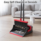 Zeawec Broom with Dustpan Combo Set, Long Handle Upright Standing Self-Cleaning Broom and Dustpan Set for Pet Hair & Dust Cleanup, Indoor Outdoor Use for Home, Kitchen, Office, Red & Gray