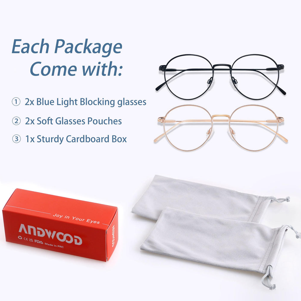 ANDWOOD Blue Light Blocking Glasses Women Men Small Face Computer 2 Pack Bluelight Blocker Super Lightweight Metal Frame Round