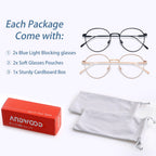 ANDWOOD Blue Light Blocking Glasses Women Men Small Face Computer 2 Pack Bluelight Blocker Super Lightweight Metal Frame Round