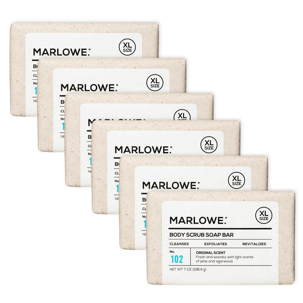 MARLOWE. No. 102 Body Scrub Soap 7 oz (6 Bars) Exfoliating Soap Bar with Shea Butter, Olive Oil & Green Tea, Cleanses & Smooths, Sage & Fir Scent